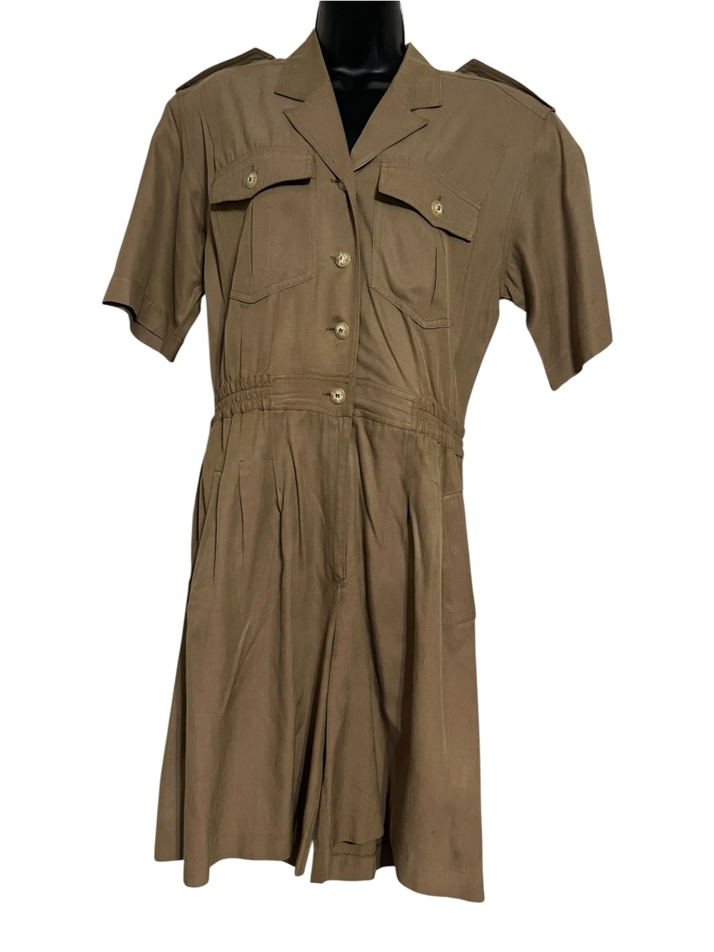 Vintage Georgiou Silk Blend Romper Taupe Utility Style Button Front Short Sleeve